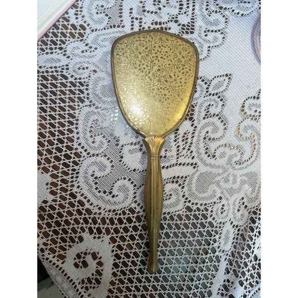 VTG 50’s Vanity Mirror Hand Mirror Gold Tone Handles Gold Floral Design Roses - Picture 1 of 6